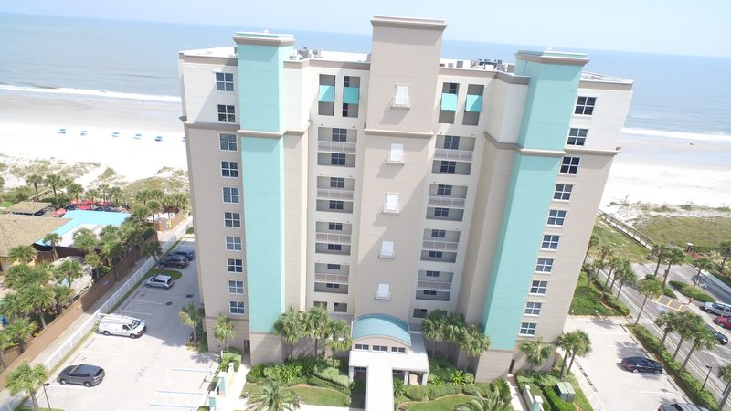 Aerial view of an oceanfront Florida high-rise condominium ahead of hurricane season