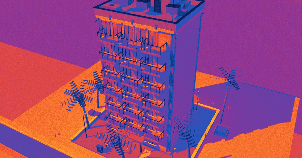 Thermal survey view of a Florida condominium in CSI's interactive building explorer, showing heat signatures across the roof, balconies, and windows