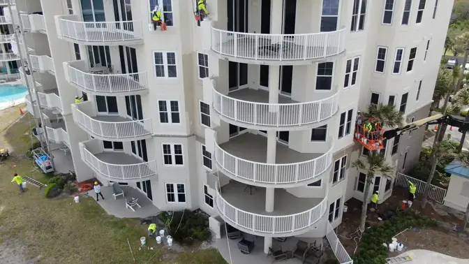 Drone conducting high-rise facade visual assessment for Florida engineering firm