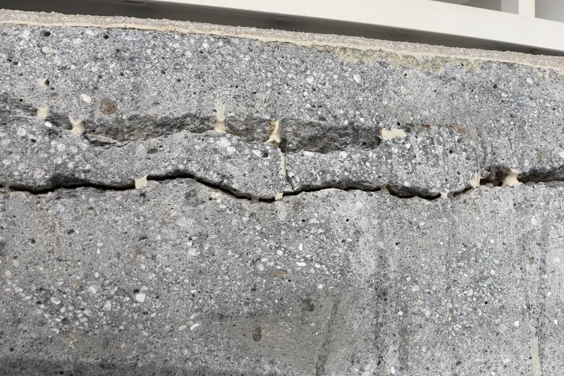 Concrete balcony edge with a horizontal crack below a white railing.