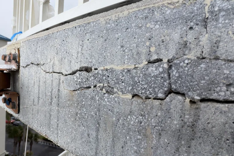 Cracking and open joints along a concrete balcony slab edge.