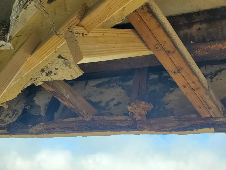 Deteriorated weather barrier exposed behind the arch finish.
